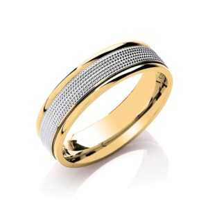 6mm Flat Court Two Colour Mill Grain Centre Wedding Band