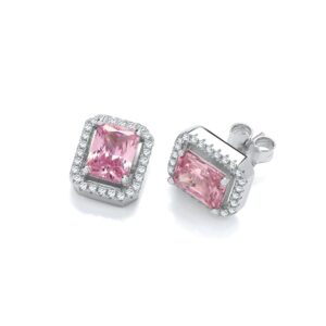 Silver Pink CZs Halo Stud Earrings